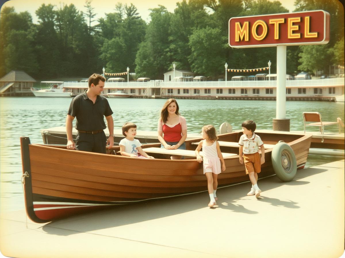 Archival photograph of a family beside a wooden boat at the motel dock in the 1960s