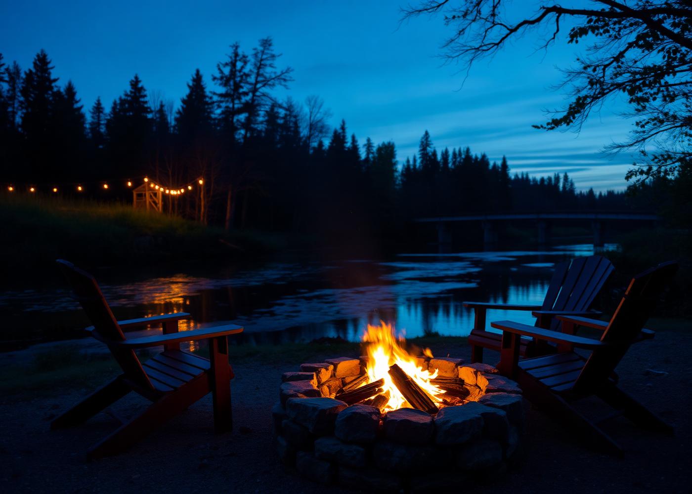 A fire pit burning beside the river at dusk with chairs pulled around it