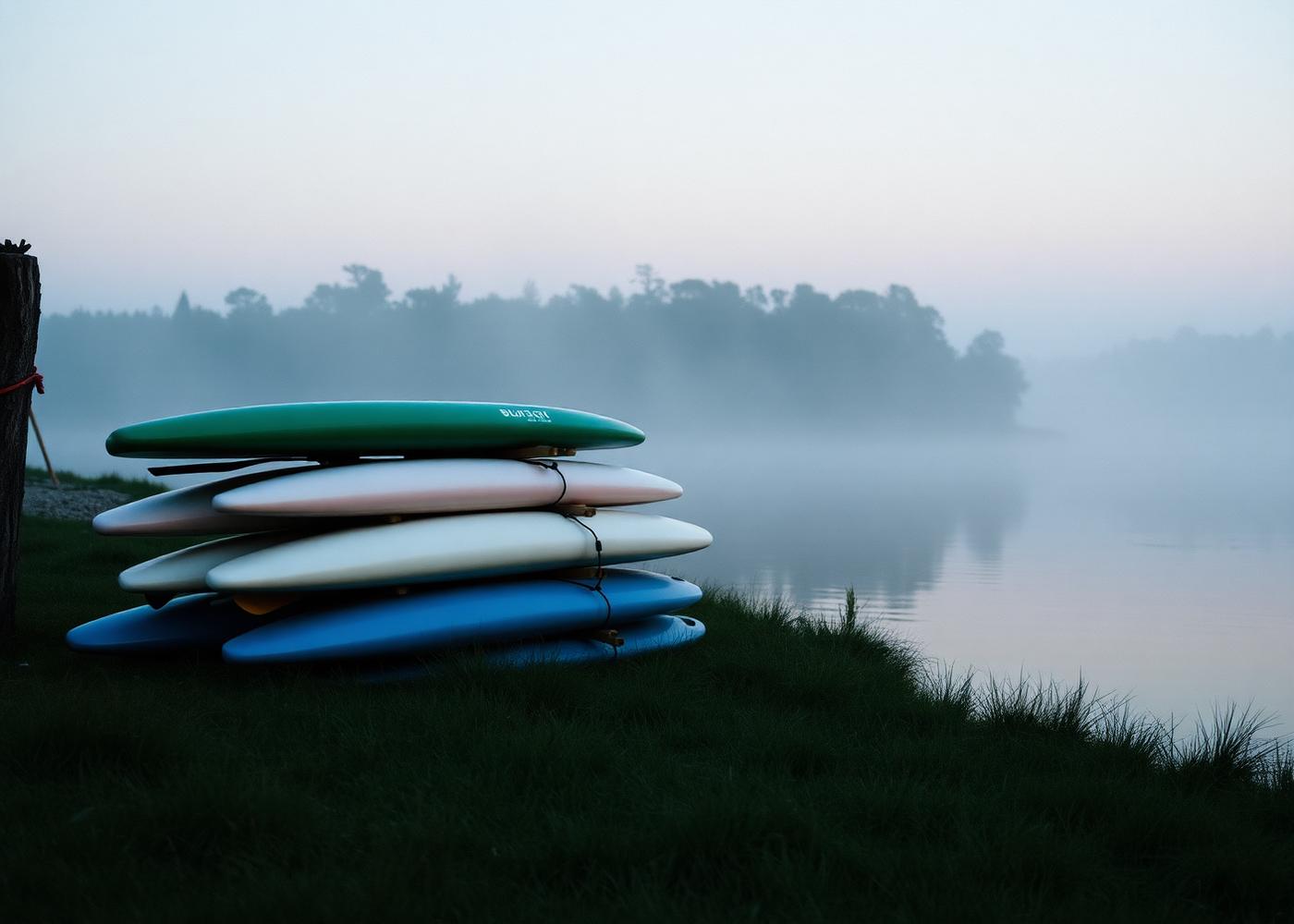 Paddleboards and kayaks stacked on the grassy riverbank at dawn