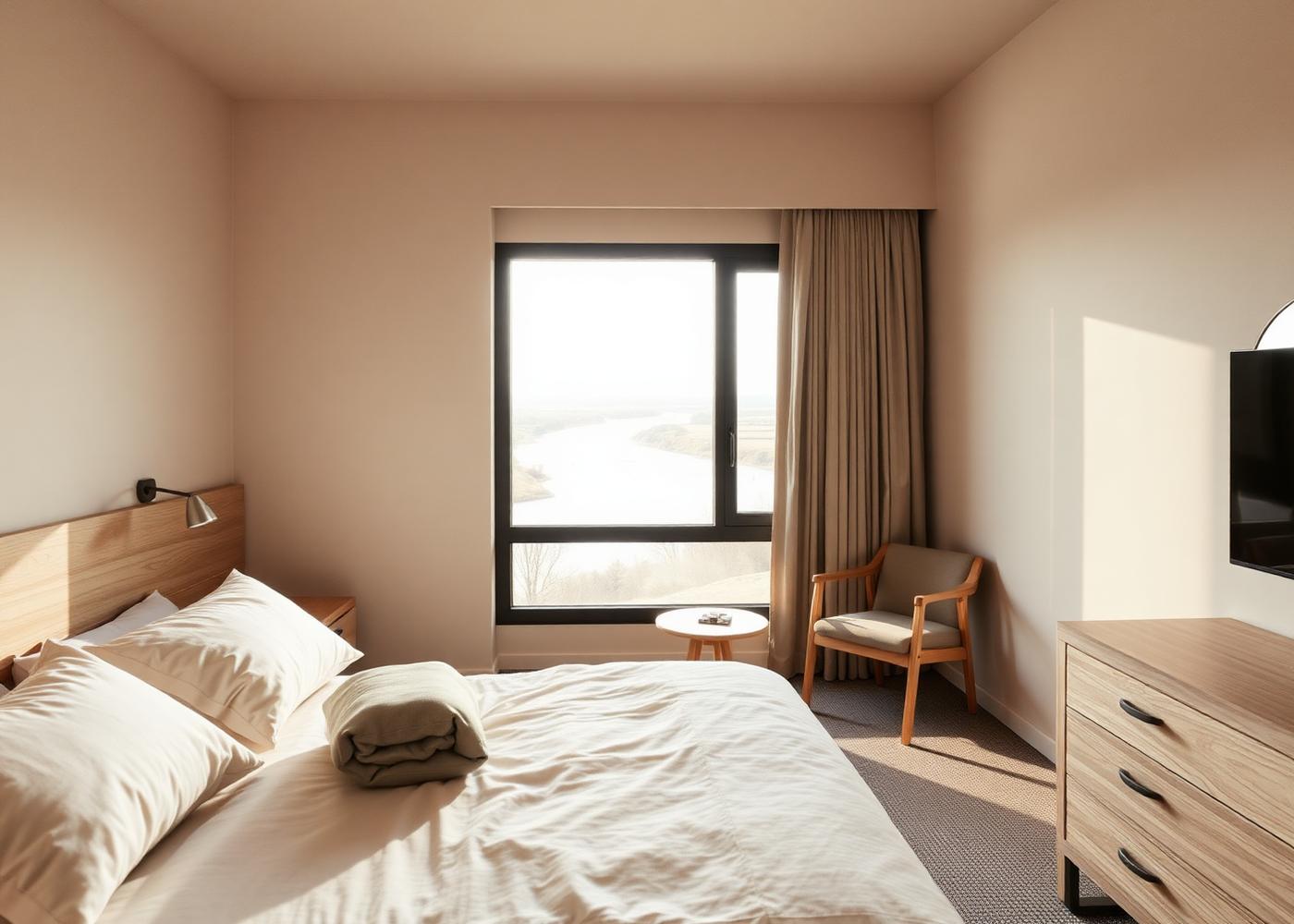 Riverfront Queen at Kit Wat, with linen bedding and a window onto the river